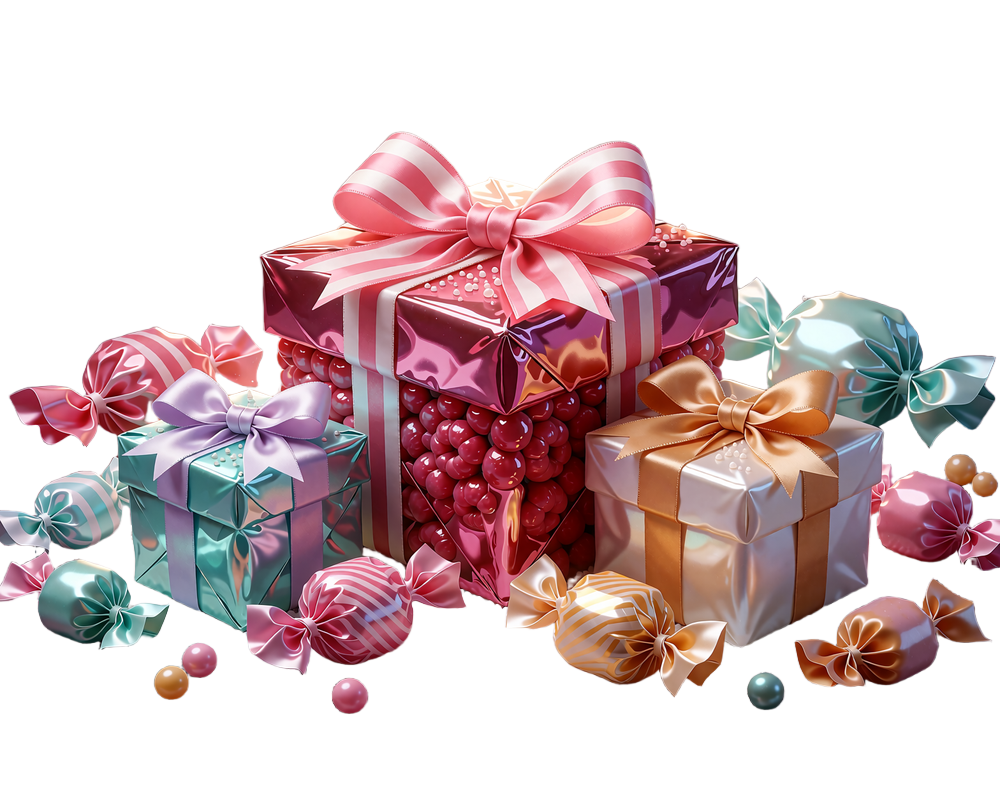 Trzy cukierkowe pudełka loot box z kokardkami - nagrody z Bonus Shopu w Iris Casino
