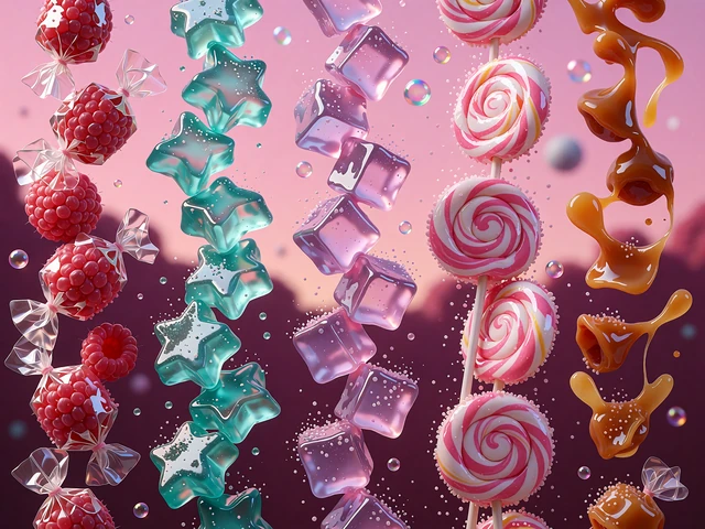 Kaskada błyszczących cukierk&oacute;w - bonbony, gwiazdki i lizaki spadają w pięciu kolumnach, motyw slot&oacute;w candy w Iris Casino