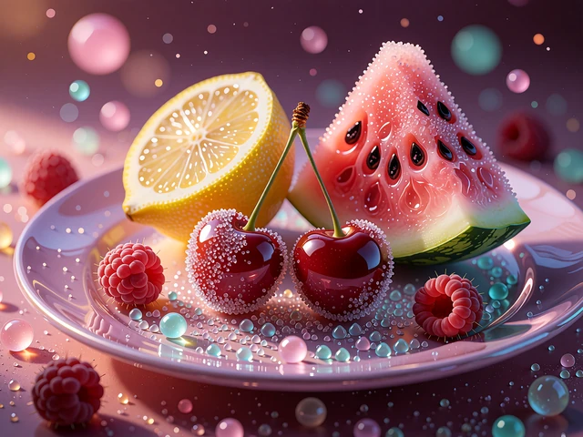 Kandyzowane wiśnie, cytryna i arbuz w kryształkach cukru na liliowym talerzu - ilustracja slot&oacute;w owocowych online