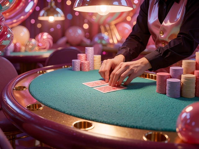 Krupier w ciemnym rękawie rozdaje dwie zakryte karty na turkusowym stole - blackjack live w kasynie online